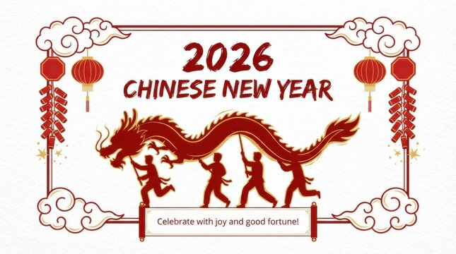 playful wide online banner template for chinese new year 2026 with dragon dance silhouette decorative frame and small subtitle space isolated on white background