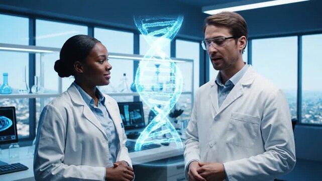 Female and Male Medical Industry Scientists Have Conversation and Use Futuristic Augmented Reality Technological Interface in Modern Science Laboratory