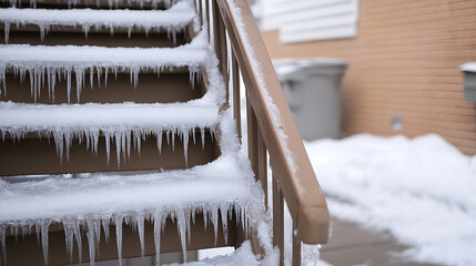 Frozen Staircase: A winter scene showcases steps covered in snow and adorned with icicles, capturing the stark beauty of a cold weather day.