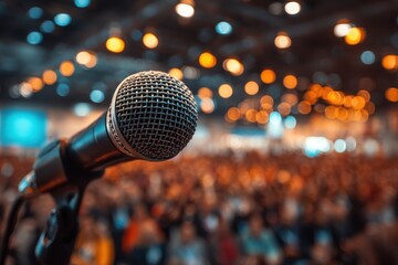 Experienced speaker addresses a crowd at evening conference with professional, focused and engaging delivery