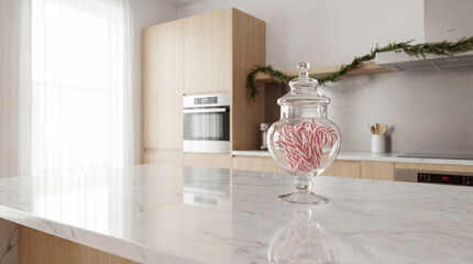 A glass jar filled with cane candies sits on a bright modern kitchen counter. Soft window light and clean interior design create a fresh, realistic holiday accent.