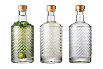 Three textured glass bottles with golden caps one filled with a drink and lime on a black background on transparent background