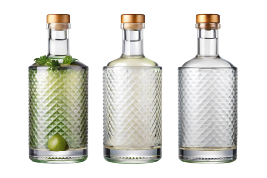 Three textured glass bottles with golden caps one filled with a drink and lime on a black background on transparent background - Powered by Adobe