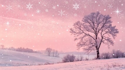 Magical winter landscape with a frosted tree and sparkling pink sky during a gentle snowfall for a holiday wonderland concept and peaceful nature background