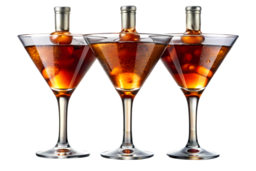 Three martini glasses filled with amber liquid and small bottles upside down on a black background on transparent background