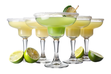 A group of margarita glasses with salt rims and lime wedges on a black background close up shot view on transparent background