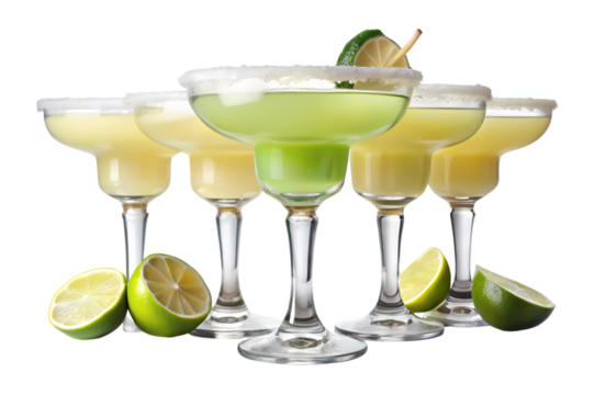 A group of margarita glasses with salt rims and lime wedges on a black background close up shot view on transparent background