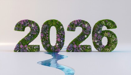Celebrate 2026 with vibrant floral numbers and flowing water, a fresh symbol of growth and prosperity, perfect for new beginnings and eco-friendly campaigns