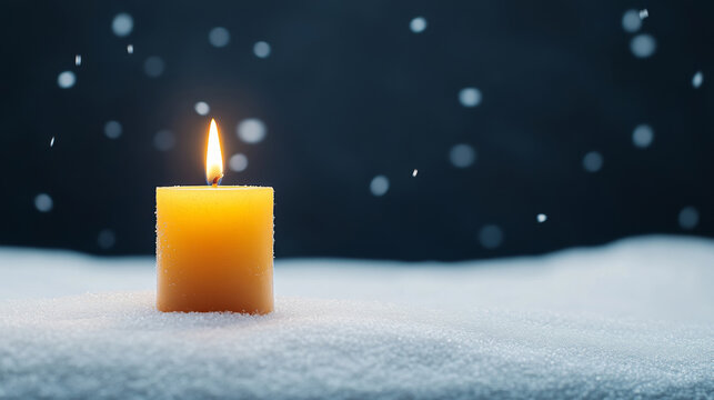 Tranquil candle flame in darkness with snowfall ambiance for meditative and holiday decor