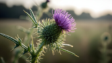 Purple thistle flower in a field at sunset