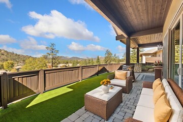 Naklejka premium Scenic Hill View Dining Setup, Al Fresco Brunch Area Overlooking Scenic Hills With Cozy Furniture