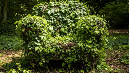 Fototapeta premium Chair covered in green vines in a forest setting