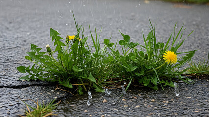 Dandelions growing through cracks in asphalt pavement surface