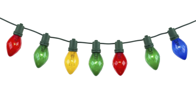Vibrant Christmas String Lights Garland with Red Green Yellow Blue Bulbs on a Transparent Background PNG File