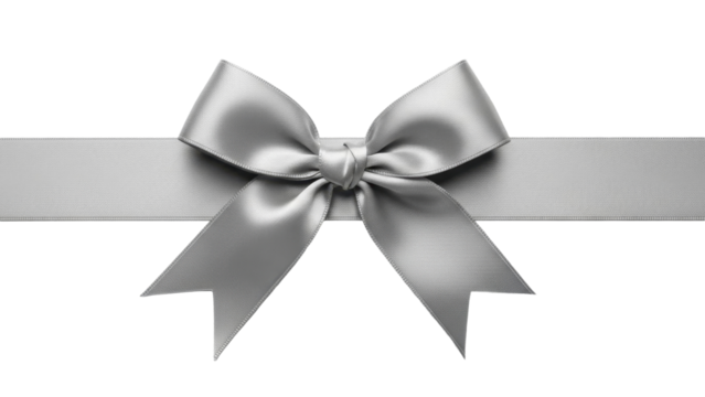  Elegant silver satin gift ribbon bow on a transparent background PNG image - Powered by Adobe