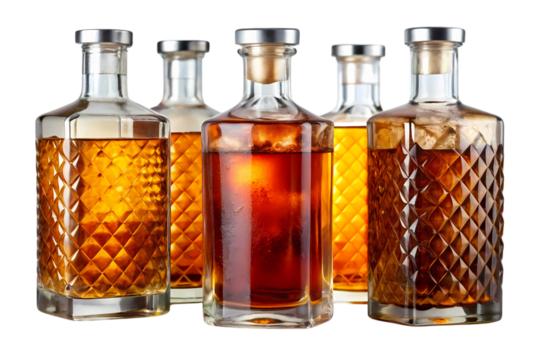 Five glass liquor bottles with metal caps and corks filled with different colored alcoholic beverages on transparent background