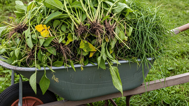 Wheelbarrow filled with weeds and garden waste after weeding
