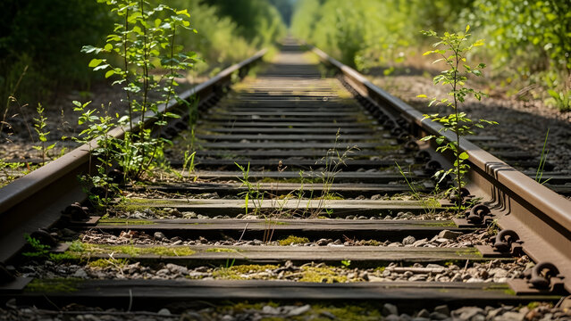 Abandoned railway tracks disappearing into forest greenery perspective