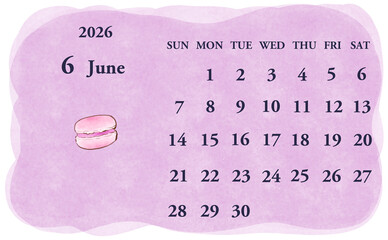 2026年6月のカレンダー　日曜日始まり