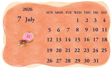 2026年7月のカレンダー　日曜日始まり