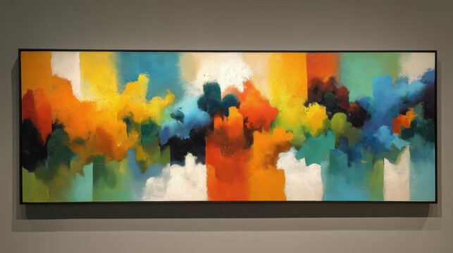 Vibrant abstract painting with bold colors displayed in contemporary gallery setting - Powered by Adobe
