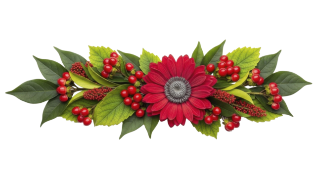 Festive Christmas Floral Garland with Red Flower and Berries, PNG image on a transparent background