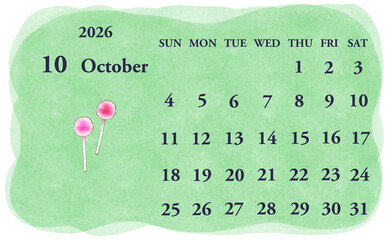 2026年10月のカレンダー　日曜日始まり