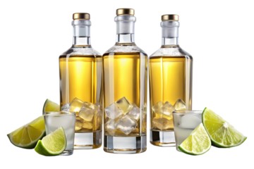 Three bottles of golden liquor with ice and lime wedges against a black background studio shot still life on transparent background