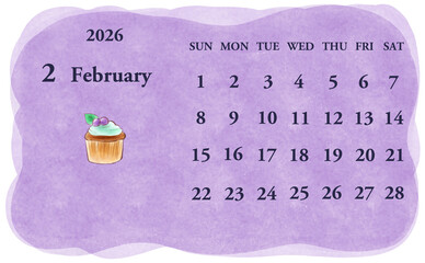 2026年2月のカレンダー　日曜日始まり