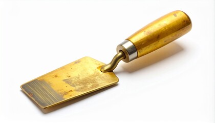 A gold-colored trowel with a wooden handle and tarnished triangular blade, set against a neutral backdrop.