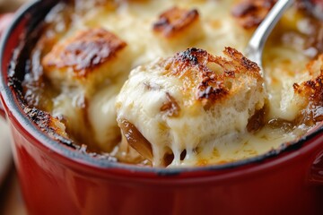 Homemade French onion soup in a red bowl, topped with melted cheese and crispy bread, showcasing a delicious and comforting dish perfect for any occasion