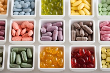 Assorted dietary supplements arranged in white containers on a bright background