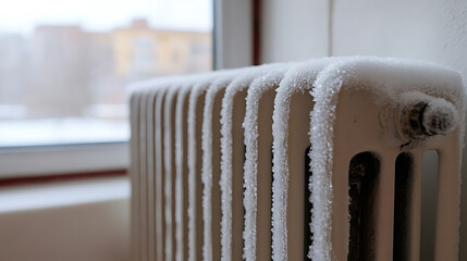 A radiator covered in ice crystals, indicating extreme cold weather outside. The window behind reveals a blurred, snowy landscape, emphasizing the winter's chill. Stay warm indoors!