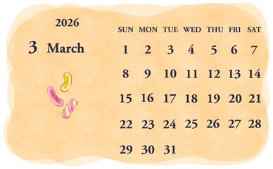 2026年3月のカレンダー　日曜日始まり