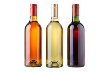 Three wine bottles with different colored wines on a black background in a studio setting still life on transparent background
