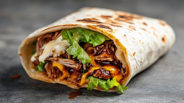 Handheld flatbread wrap filled with shredded meat, cheese, and fresh lettuce, showcasing a delicious editorial style food portrait for culinary enthusiasts