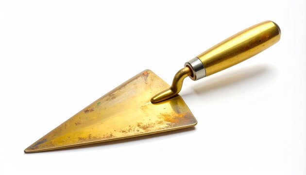 A gold-colored trowel with a wooden handle and tarnished triangular blade, set against a neutral backdrop.