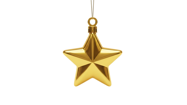 Golden star ornament isolated on transparent background for christmas tree