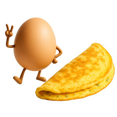 Cute cartoon egg character posing with a folded omelette on white background &ndash; fun food illustration
