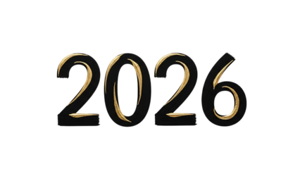 The year 2026 in black and gold isolated on transparent background