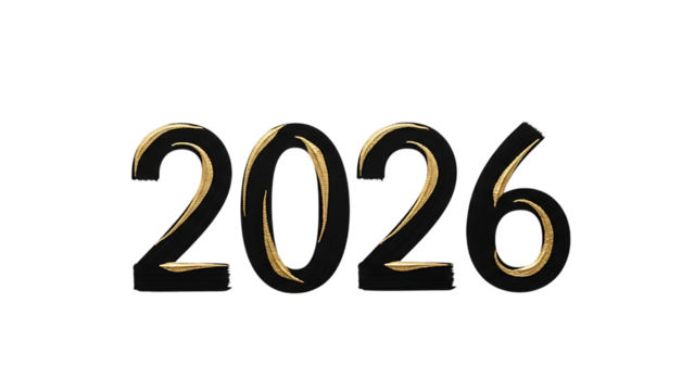 The year 2026 in black and gold isolated on transparent background