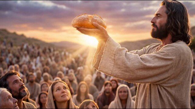 Jesus Feeding Five Thousand as the Bread Glows with Heavenly Radiance