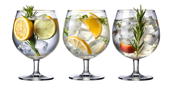 Three clear glasses filled with ice cubes lemon slices and rosemary sprigs on a black background on transparent background