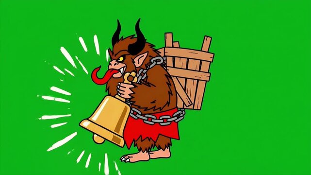 Cartoon Krampus Repeating Bell Ringing On Green Screen.