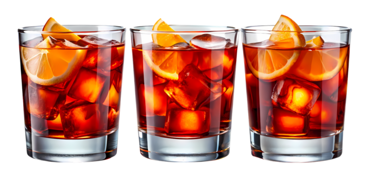 Three glasses of negroni cocktails with orange slices and ice cubes on a black background on transparent background
