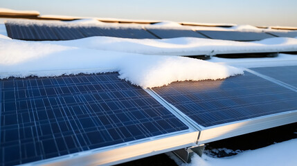 Solar panels blanketed in snow gleam softly under a pale sky. A testament to resilient energy even in winter's grasp, the panels await the sun's return.