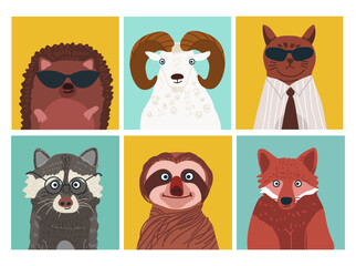 Obraz premium Animals avatars set, cute portraits, user profiles, hand drawn vector illustration.