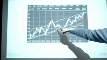 Business professionals discussing financial trends and data insights. Modern office setting with projection screen displaying complex data charts - Powered by Adobe