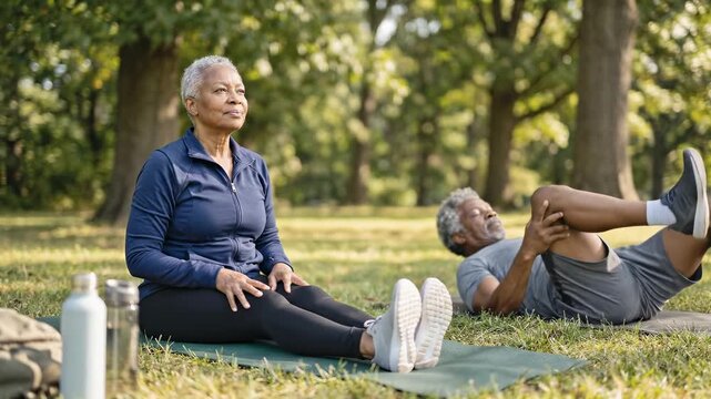 Cheerful senior African American couple warming up in sunny park. Elderly woman stretches legs on green yoga mat. Mature man lies on grass pulling knee. Active retirees prepare for jogging run. - Powered by Adobe