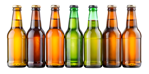A row of six beer bottles with varying shades of brown and green against a black background studio shot on transparent background